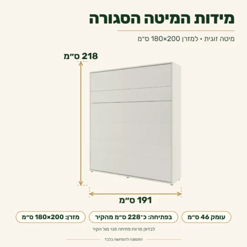 מיטת קיר זוגית – מידות סגורה: רוחב 191, עומק 46, גובה 218 ס״מ; בפתיחה כ־228 ס״מ מהקיר