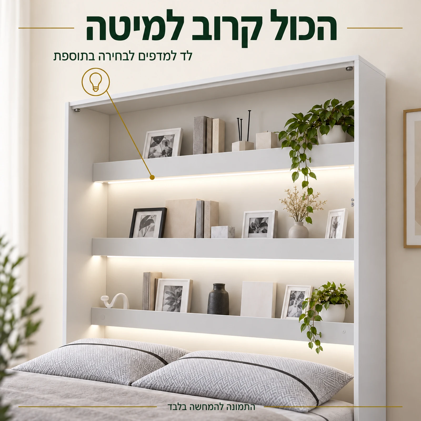 המדפים הפנימיים של מיטת הקיר עם תאורת לד לבחירה בתוספת