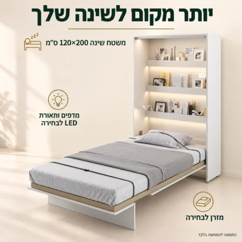 מיטת קיר וחצי – משטח שינה 120×200 ס״מ ומזרן לבחירה