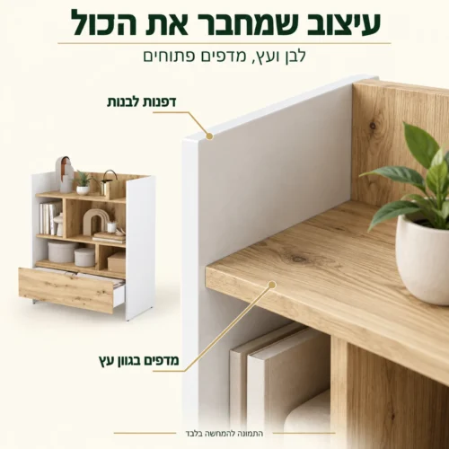 ארון ספרים – מבט מקרוב על המדפים בגוון עץ והדפנות הלבנות