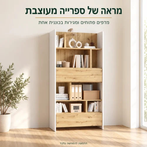 כוננית אחסון מעוצבת עם מדפים פתוחים ושתי מגירות – מראה של ספרייה מעוצבת בסלון