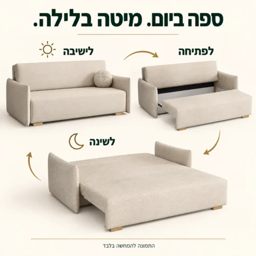 ספה נפתחת Glow 4 בגוון שמנת בשלושה מצבים: ישיבה, פתיחה ושינה