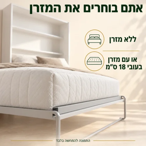 מיטת קיר לבנה ללא מזרן או עם מזרן בעובי 18 ס״מ לבחירה