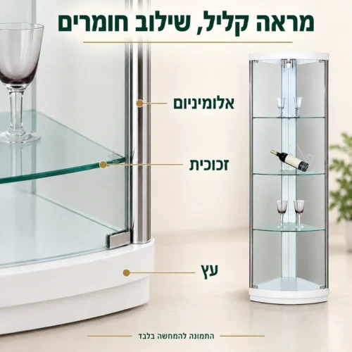 ויטרינת זכוכית פינתית – פרטי עץ, זכוכית ואלומיניום