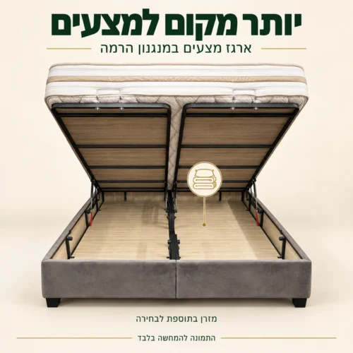 מיטה מרופדת GOLD באפור כהה – ארגז המצעים פתוח ושני בסיסי ההרמה