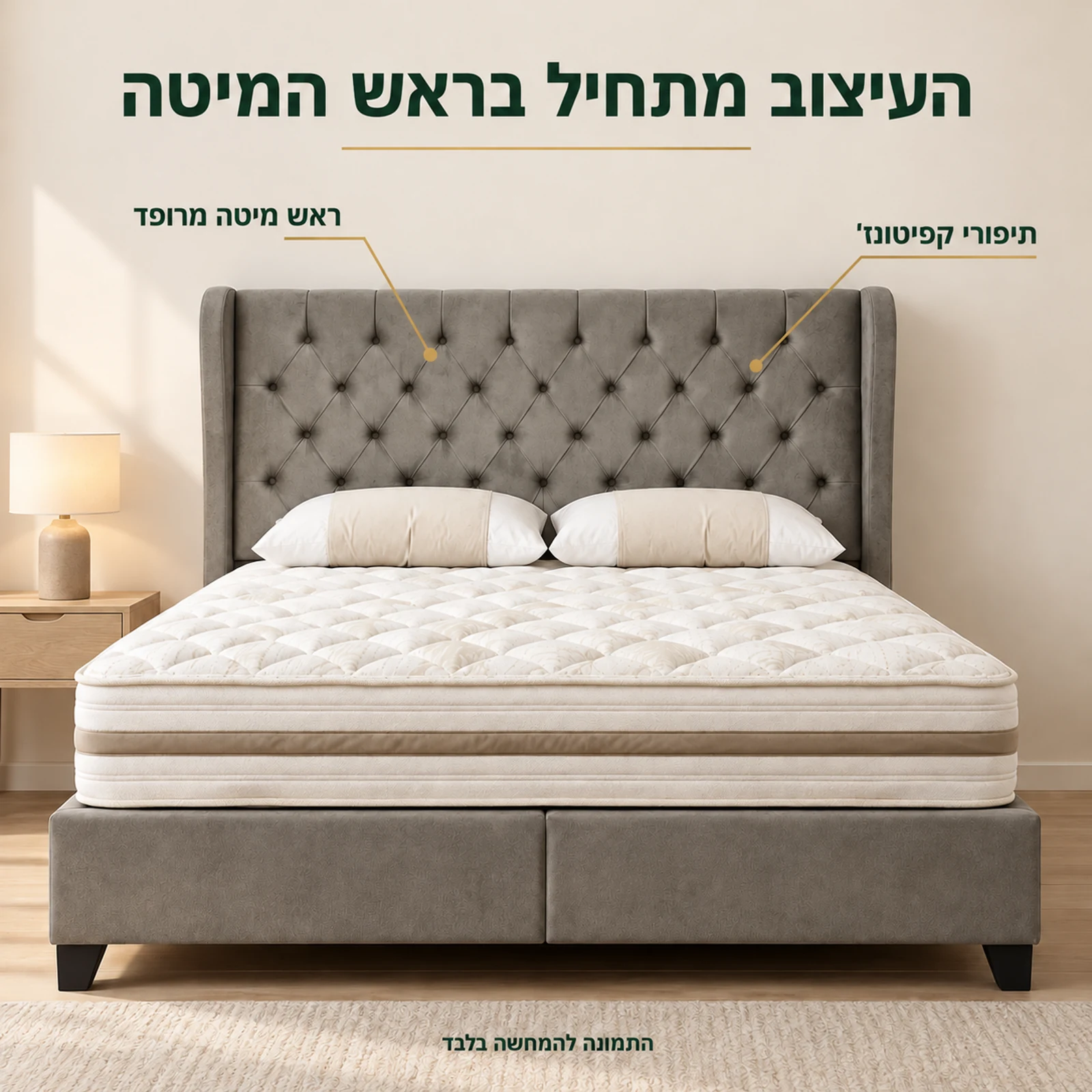 מיטה זוגית מרופדת GOLD באפור – ראש מיטה עם תיפורי קפיטונז׳