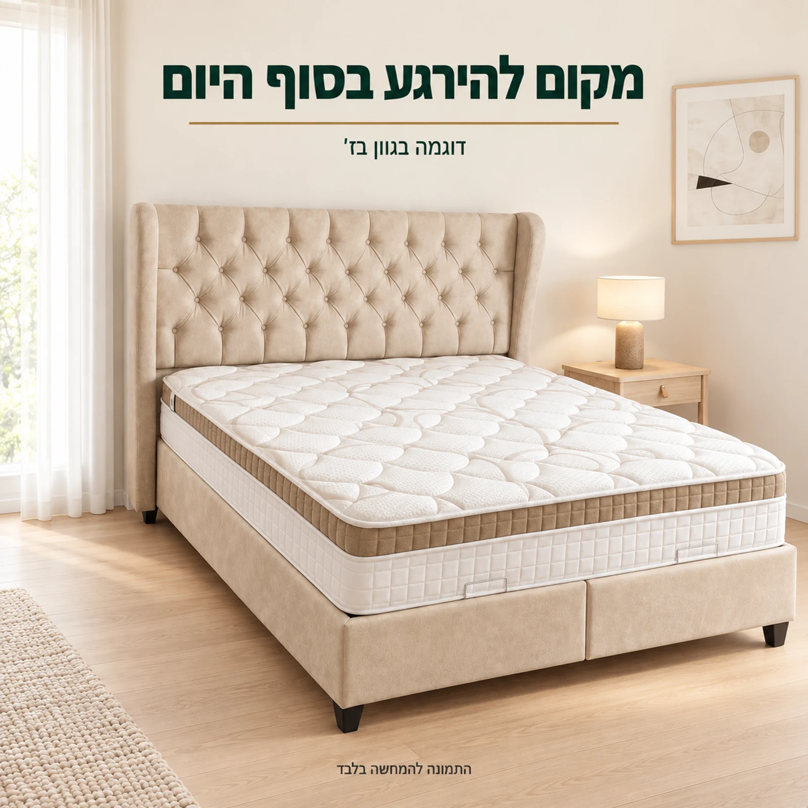 מיטה זוגית מרופדת GOLD בחדר שינה – דוגמה בגוון בז׳