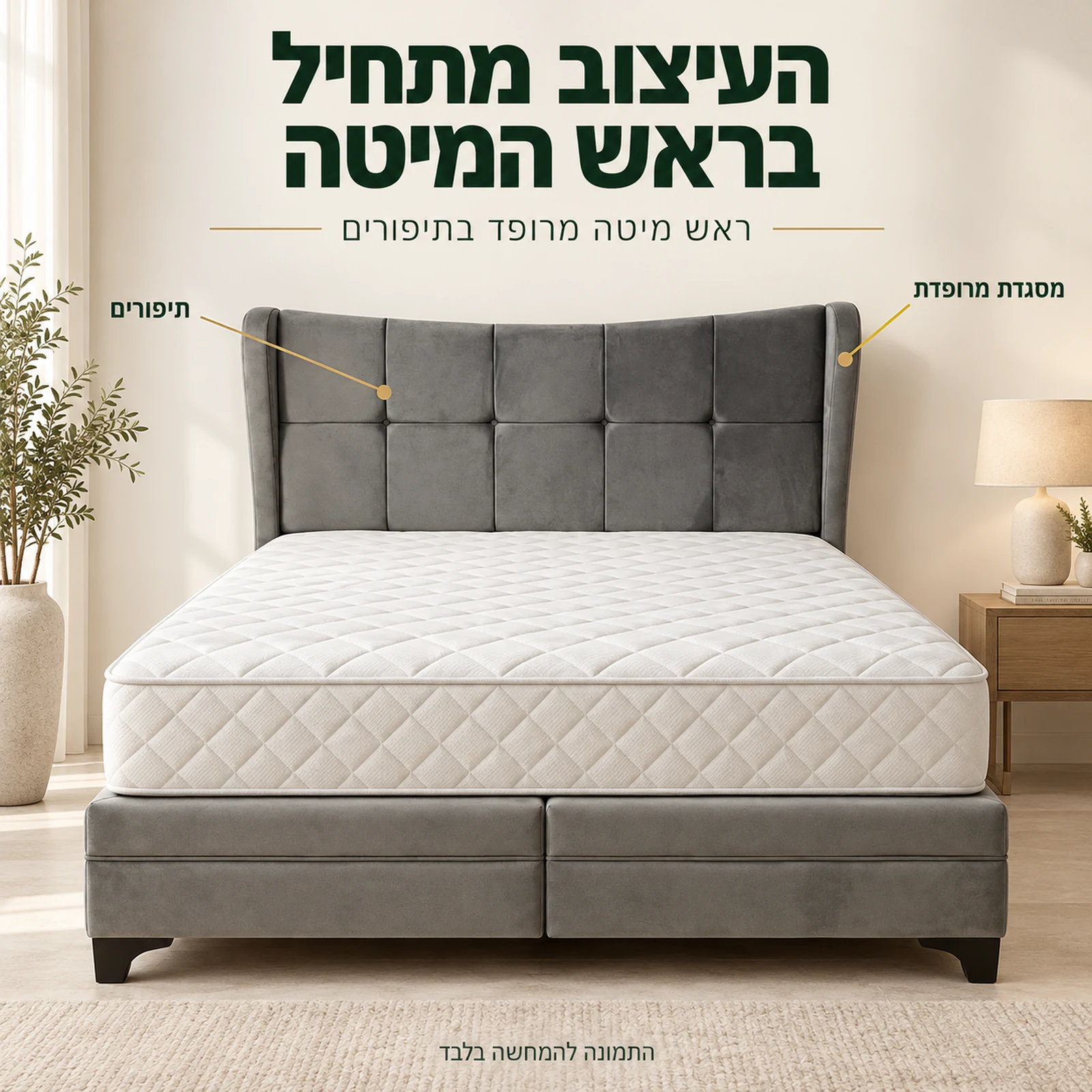 מיטה מרופדת VANESSA עם ראש מיטה מחולק בתיפורים ומסגרת מרופדת