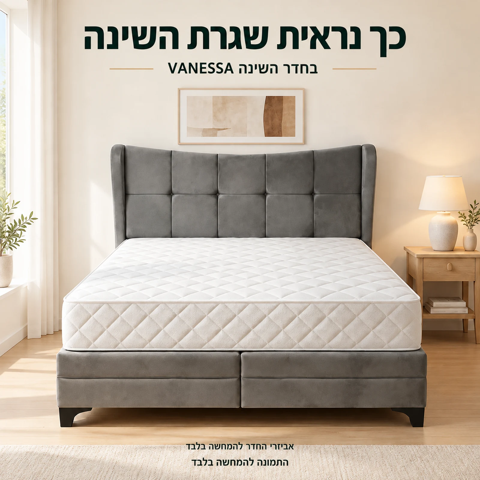 מיטה מרופדת VANESSA בגוון אפור בחדר שינה בהיר, אביזרי החדר להמחשה