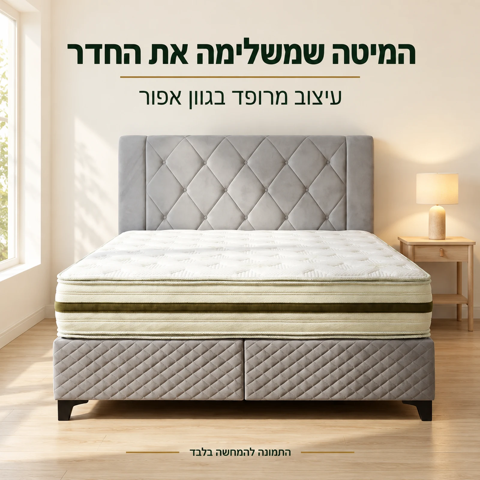 מיטה זוגית מרופדת SLEEP בגוון אפור בחדר שינה בהיר