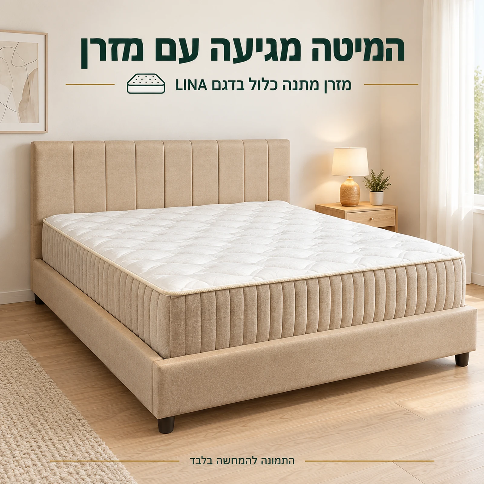 מיטה מרופדת LINA בגוון בז׳ בחדר שינה בהיר עם מזרן מתנה כלול