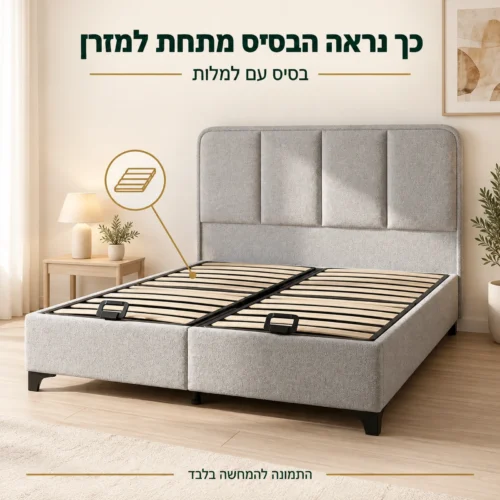 מיטה מרופדת FLORA ללא מזרן – בסיס למלות במצב סגור ושתי ידיות הרמה