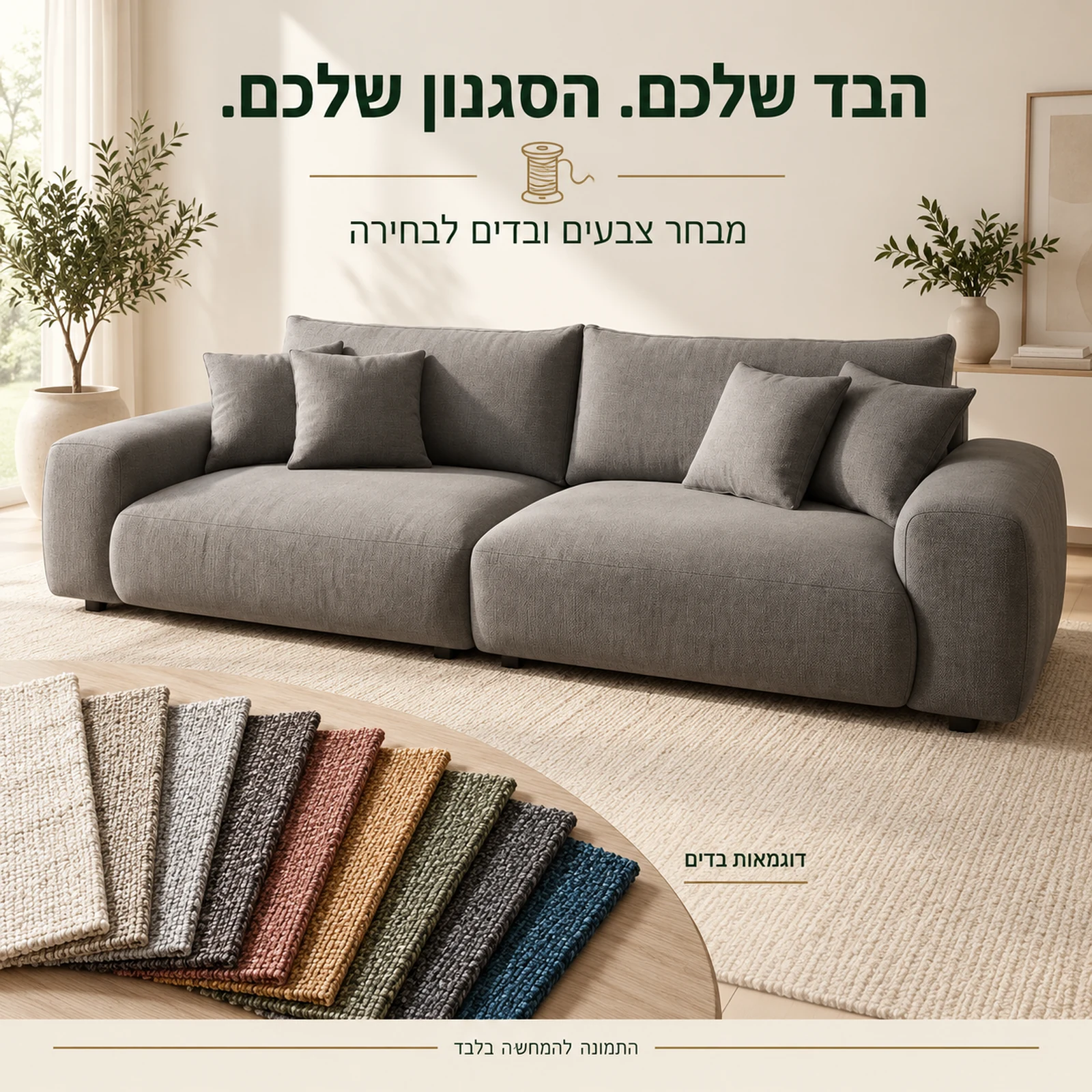 ספת SOFIA באפור לצד דוגמאות בדים וצבעים לבחירה