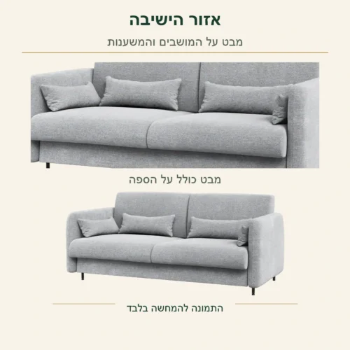 ספה למיטת קיר – אזור הישיבה והמשענות בתקריב, לצד מראה הספה המלאה