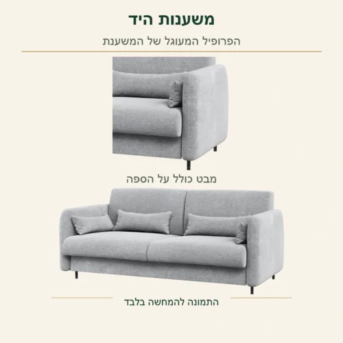ספה למיטת קיר – הפרופיל המעוגל של משענת היד, לצד הספה המלאה
