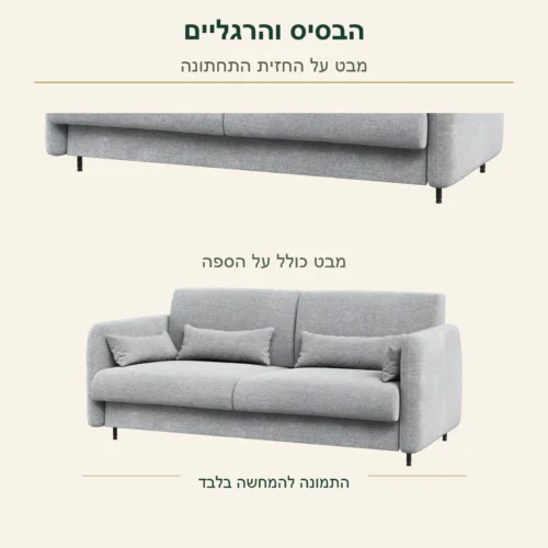 ספה למיטת קיר – הבסיס המרופד והרגליים הנראות בתמונה, לצד הספה המלאה