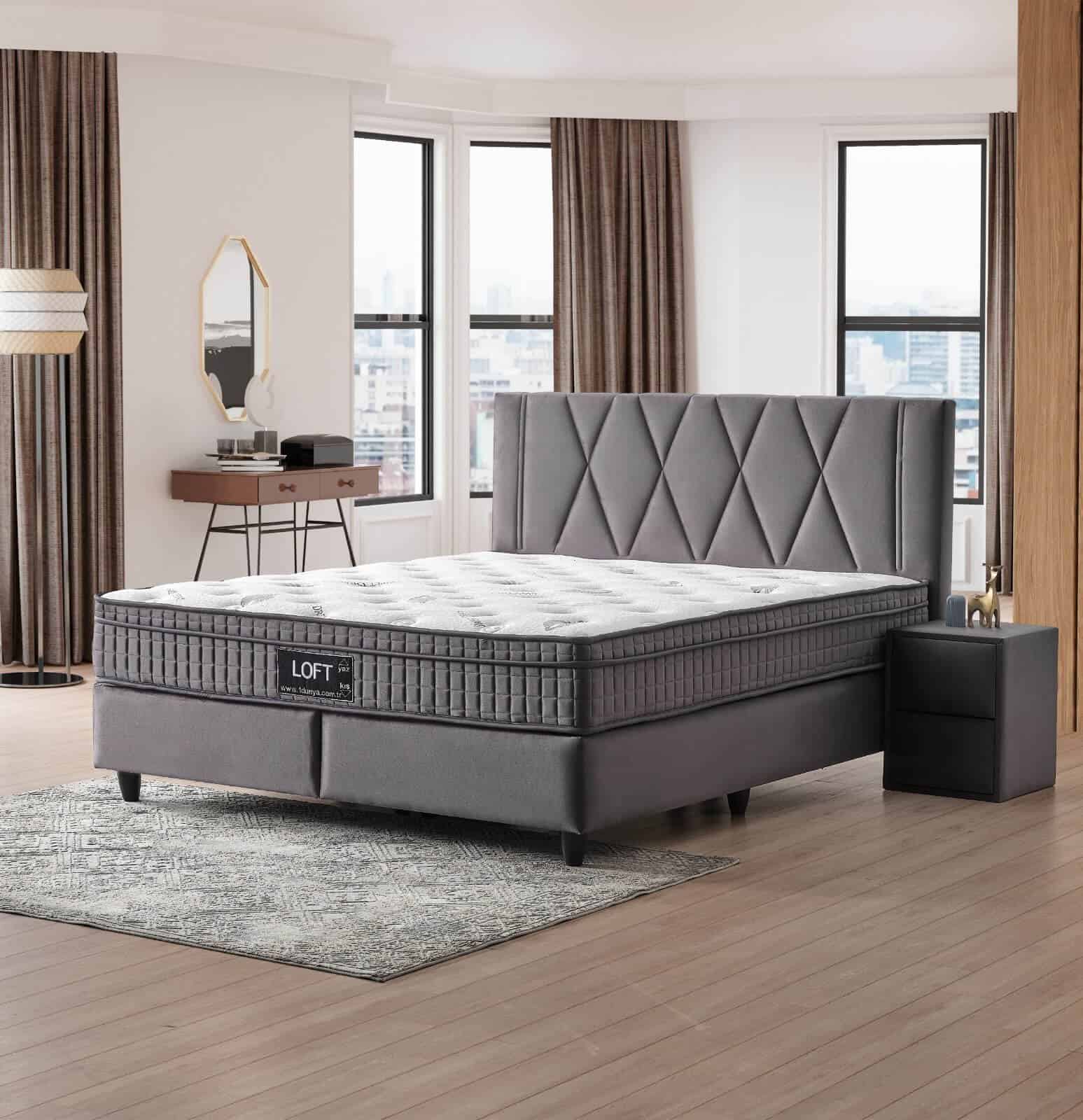 בסיס מיטה מרופד עם אחסון LOFT בגוון אפור – מבט כללי