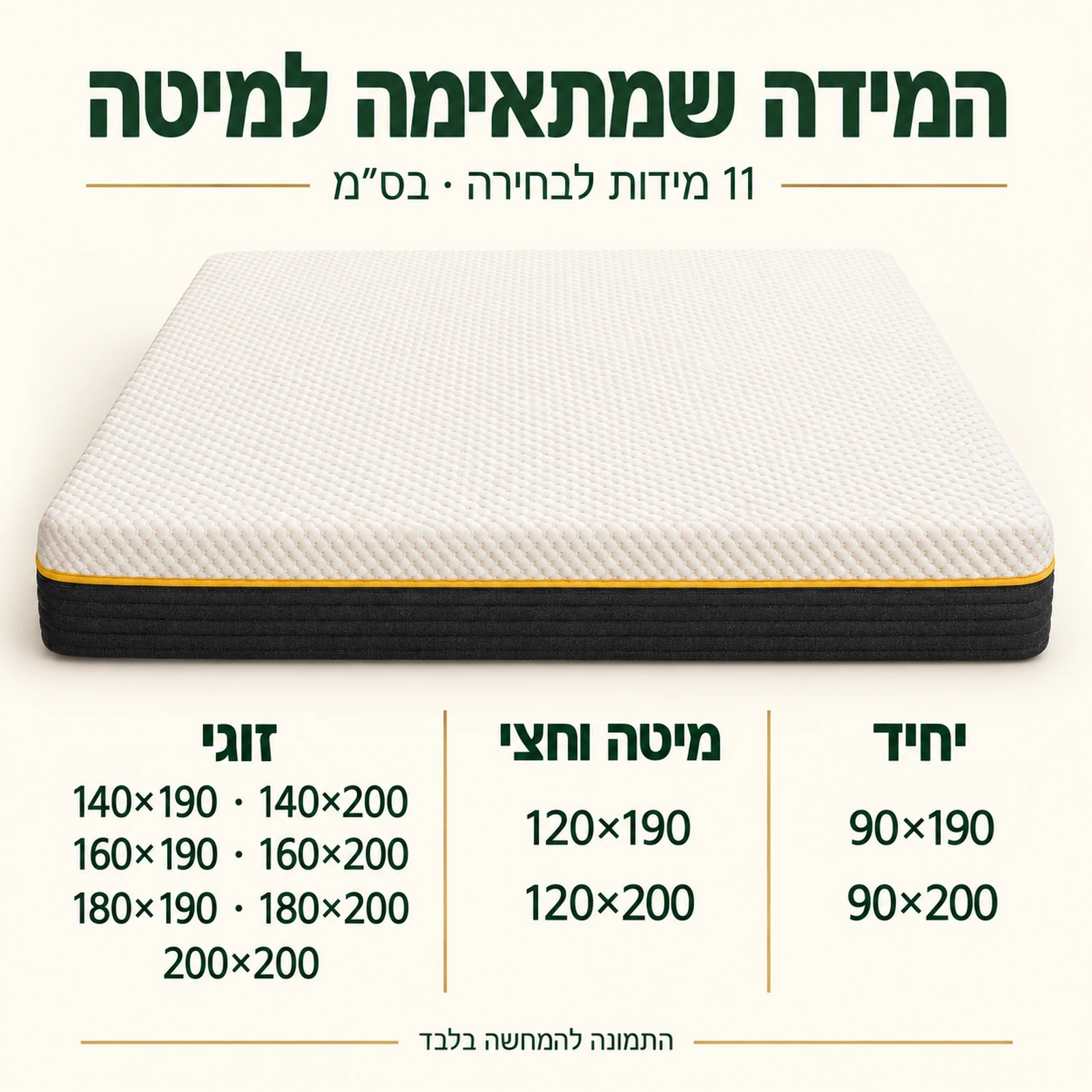 מזרן קיסריה יאלו במבחר 11 מידות מיחיד ועד 200×200 ס״מ