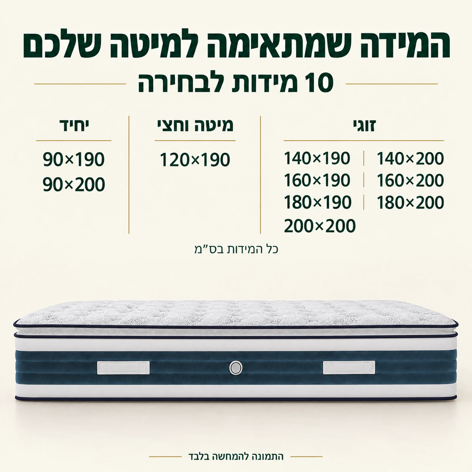 מזרן קיסריה טסלה – עשר מידות לבחירה מ־90×190 עד 200×200 ס״מ