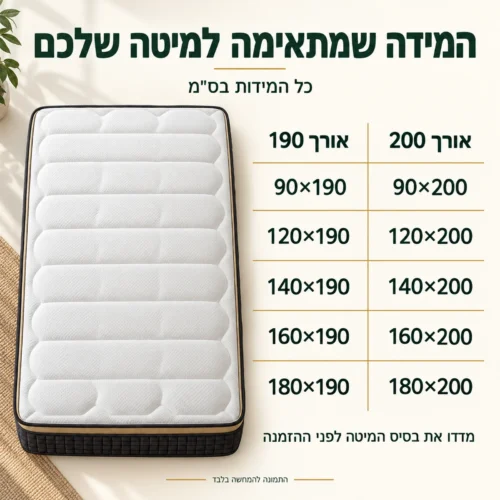 מזרן קיסריה גולד בעשר מידות ברוחב 90, 120, 140, 160 ו־180 ובאורך 190 או 200 ס״מ