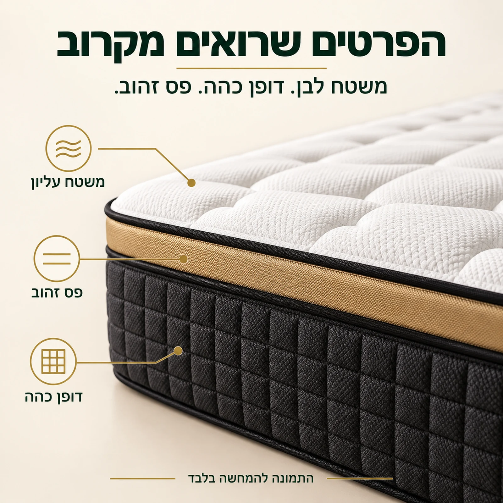 פרטי מזרן קיסריה גולד: משטח לבן, דופן כהה ופס זהוב