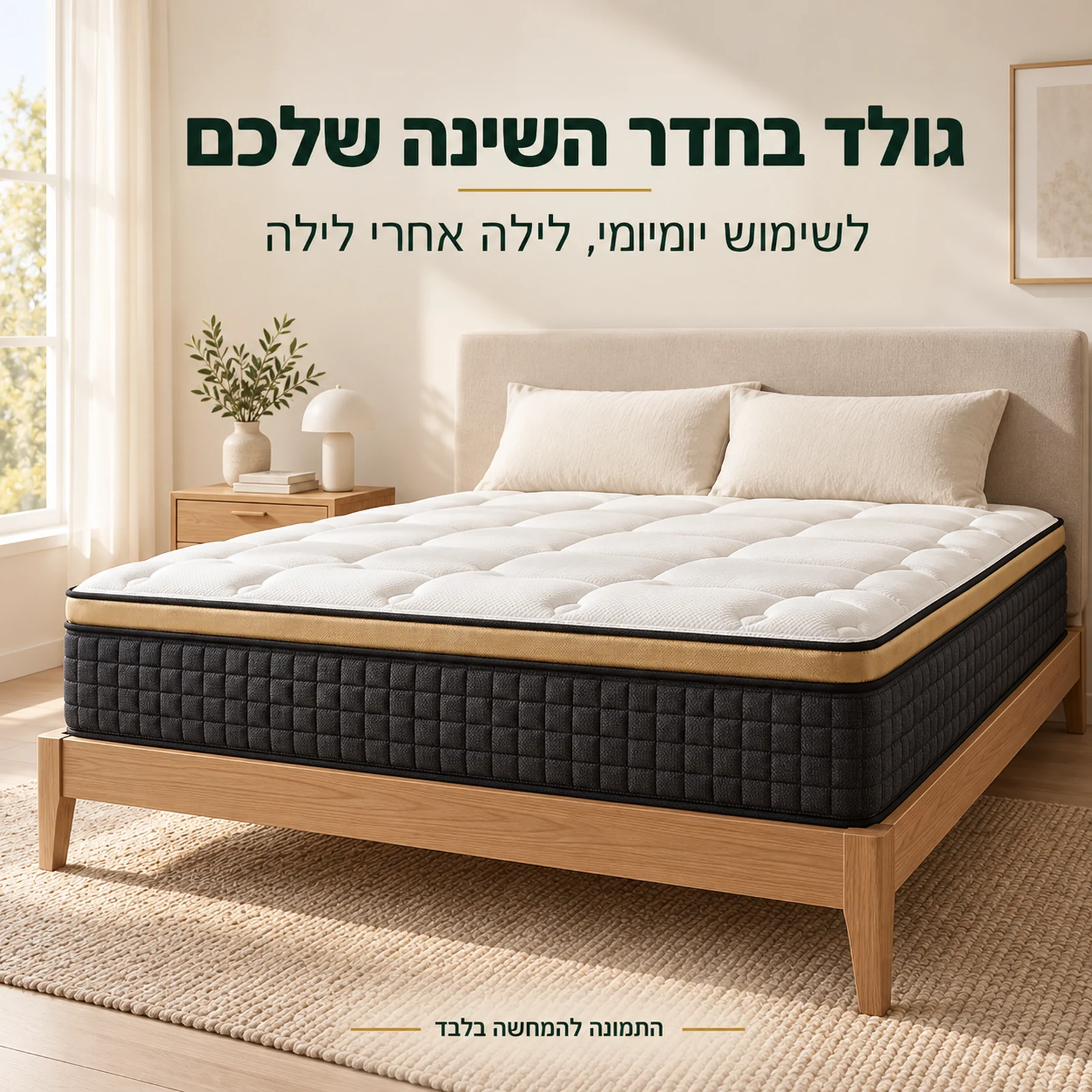 מזרן קיסריה גולד בחדר שינה בגווני קרם ועץ