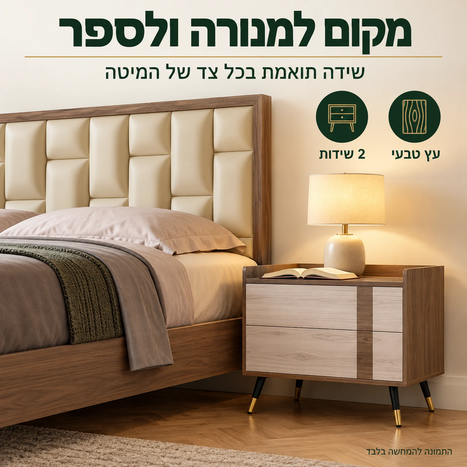חדר שינה דגם דאדו – שידה תואמת ליד המיטה למנורה ולספר