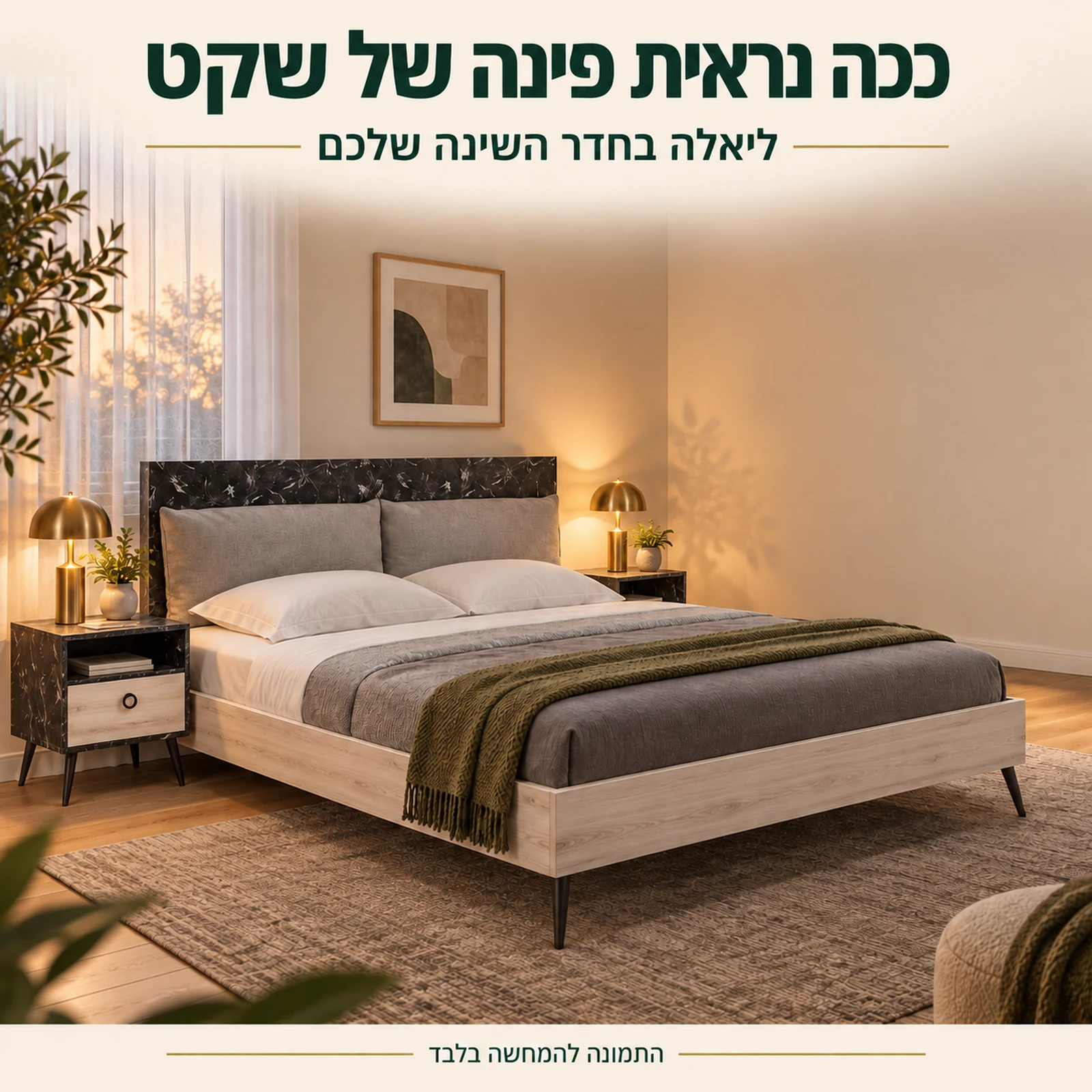 חדר שינה ליאלה – מיטה זוגית ושתי שידות באווירת ערב רגועה