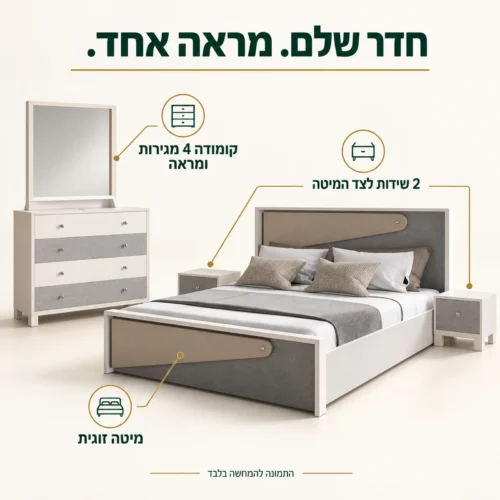 חדר שינה מונקו – מיטה זוגית, שתי שידות, קומודה ומראה