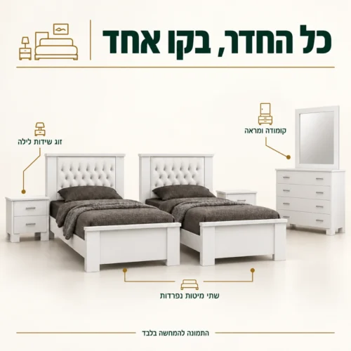 חדר שינה ויקטוריה יהודית בגימור לבן עם שתי מיטות נפרדות, זוג שידות לילה, קומודה ומראה