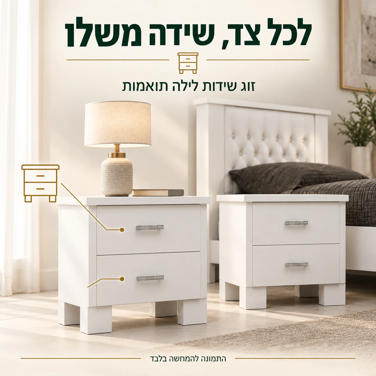 זוג שידות לילה לבנות תואמות דגם ויקטוריה יהודית לצד המיטה