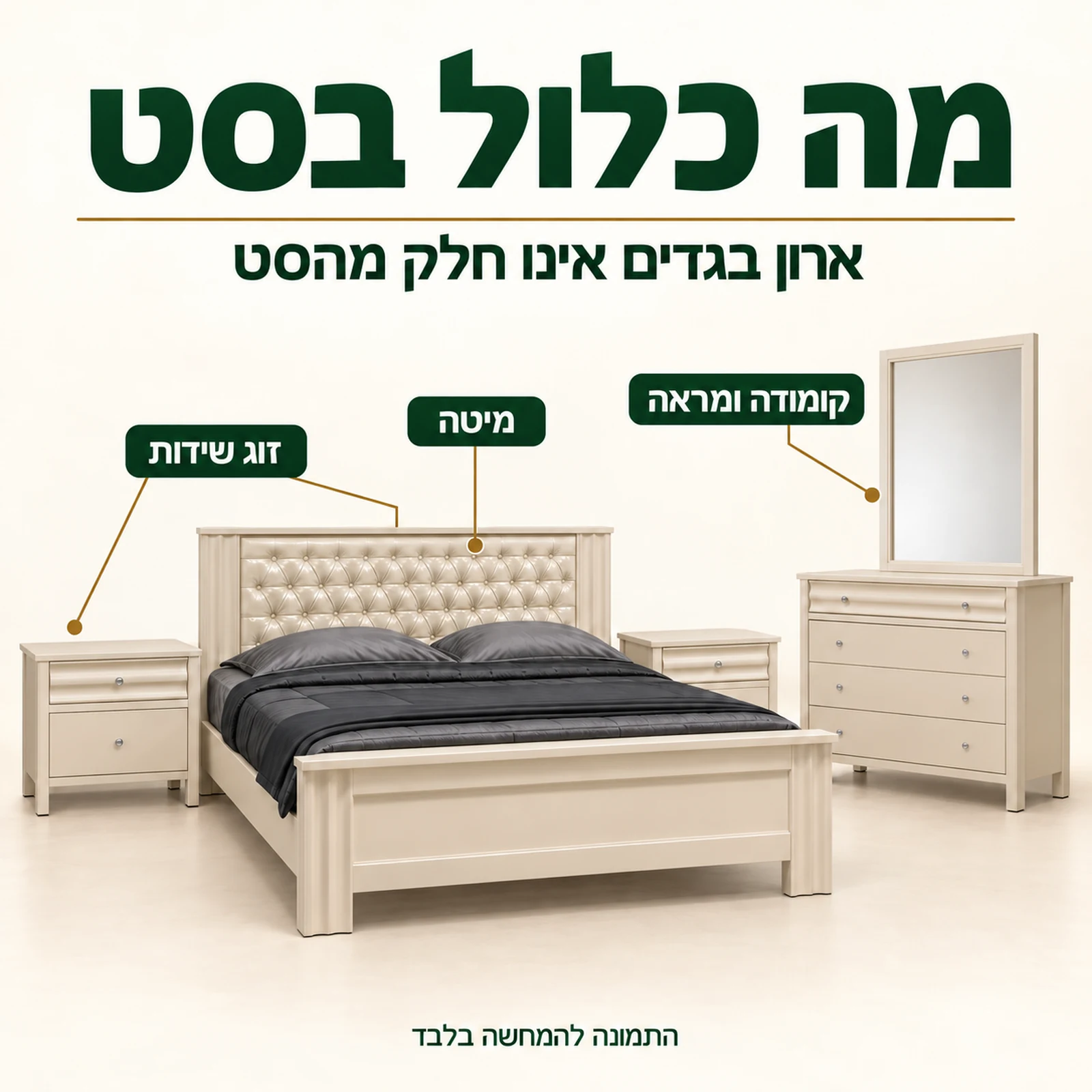 חדר שינה דגם ספיר – מה כלול בסט: מיטה, זוג שידות, קומודה ומראה תואמת