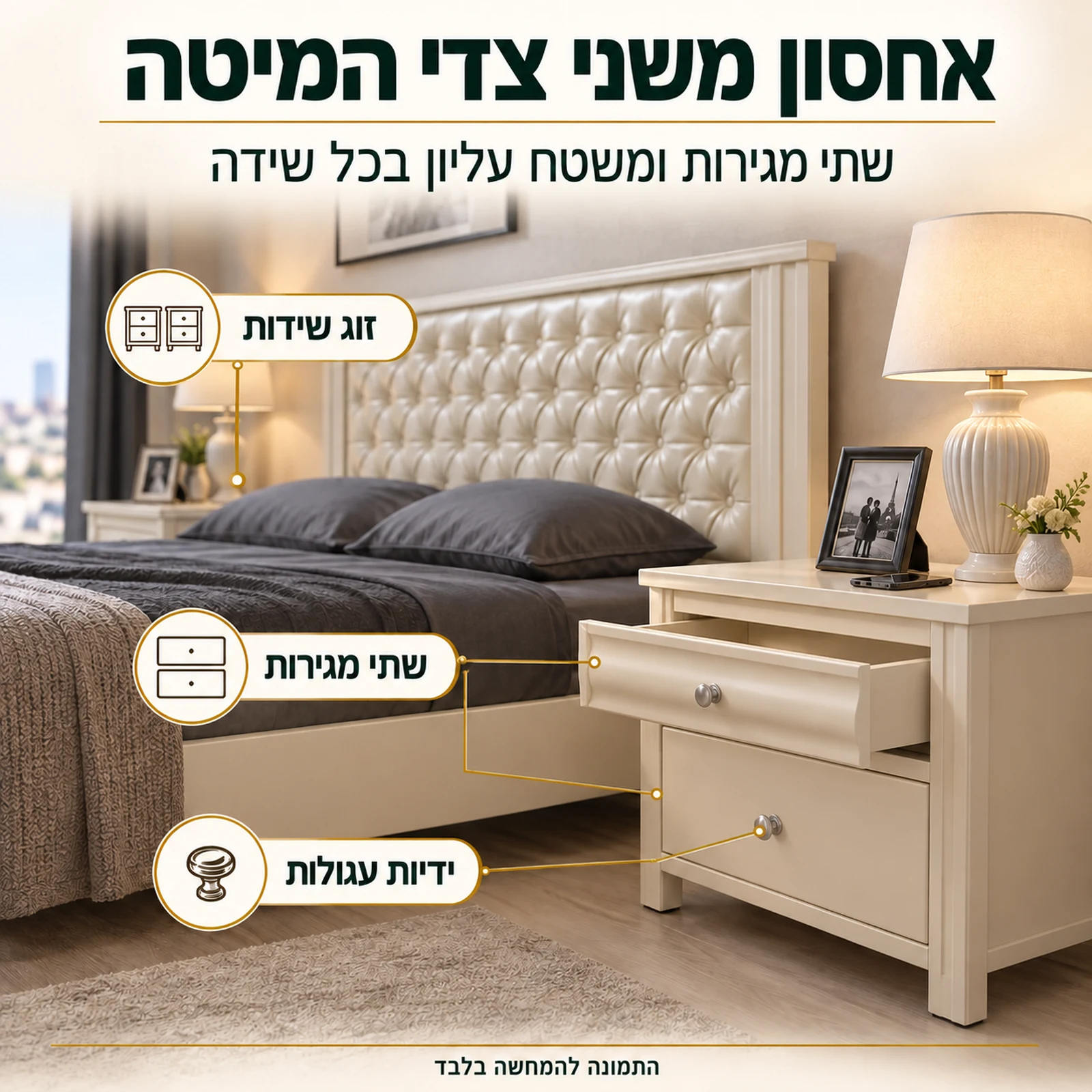 שידת לילה מחדר שינה דגם ספיר – זוג שידות עם שתי מגירות בכל שידה