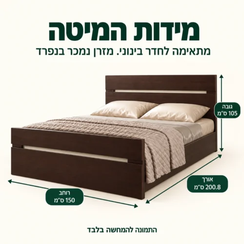 מידות מיטה דגם קרן: אורך 200.8 ס״מ, רוחב 150 ס״מ, גובה 105 ס״מ