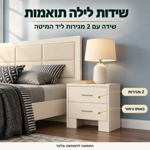 חדר שינה דגם פלטיניום גולד – שידת לילה עם 2 מגירות בגימור בהיר תואם למיטה