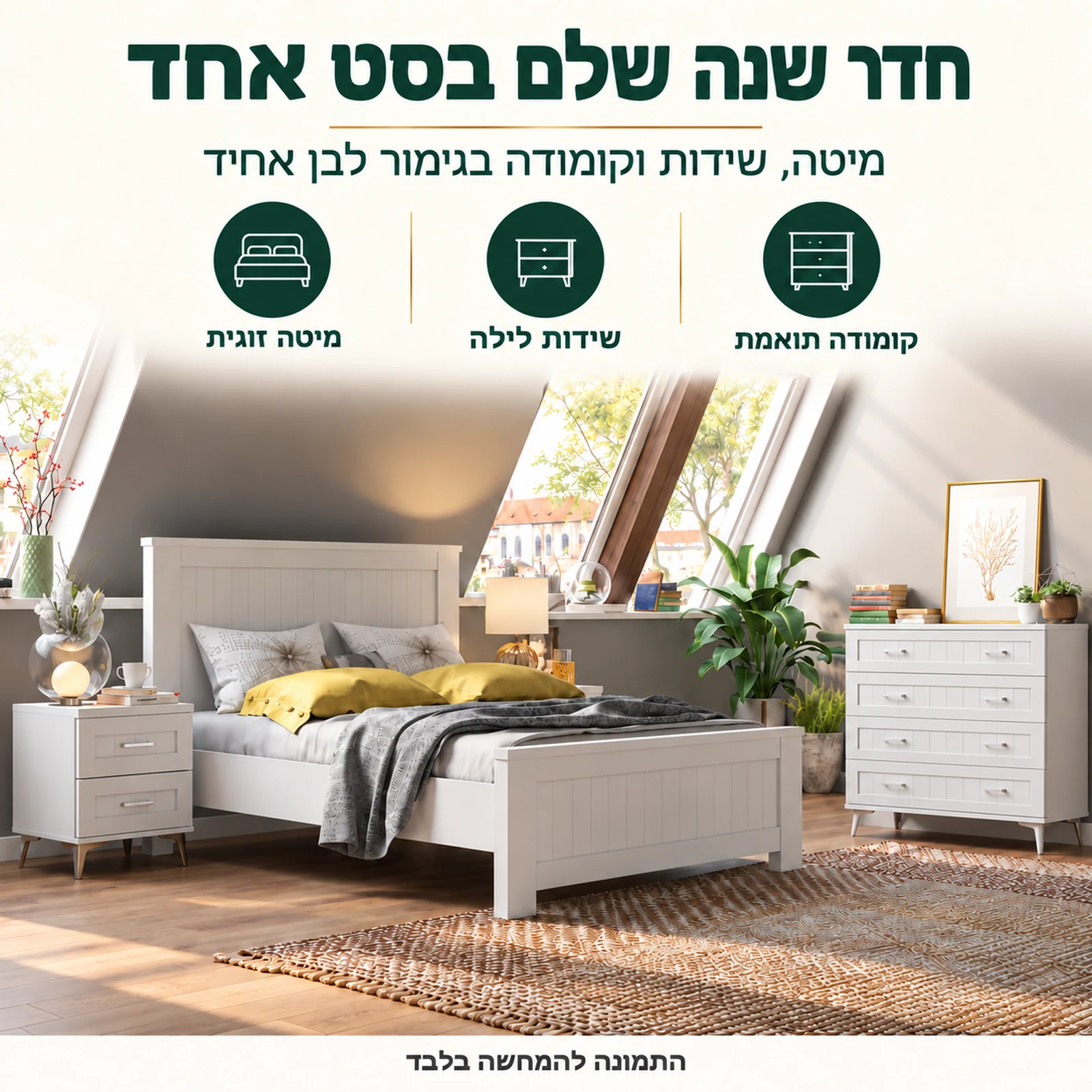 חדר שינה דגם סטריפאנל – מיטה זוגית, שידות וקומודה בגימור לבן אחיד