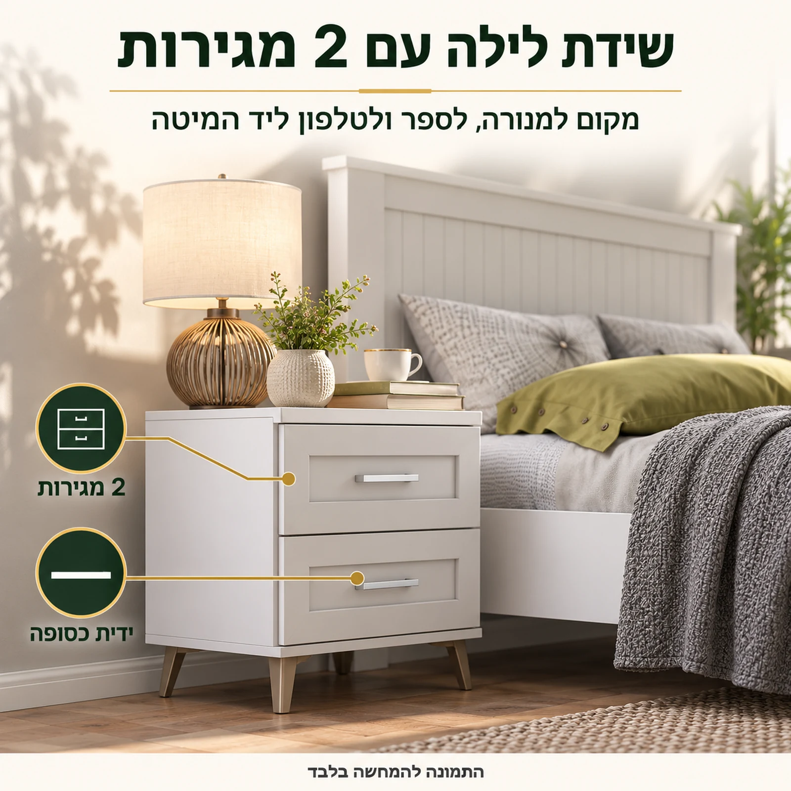 שידת לילה 2 מגירות דגם סטריפאנל ליד המיטה בגימור לבן