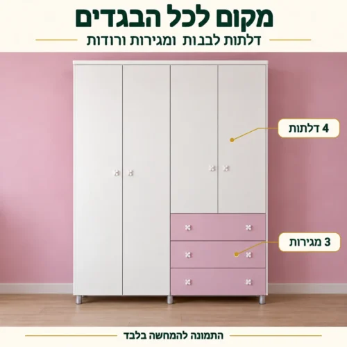 ארון בגדים 4 דלתות ו־3 מגירות מחדר ילדים דגם ליפסטיק