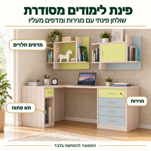חדר ילדים עדינור – פינת לימודים עם שולחן פינתי, מגירות ומדפים תלויים