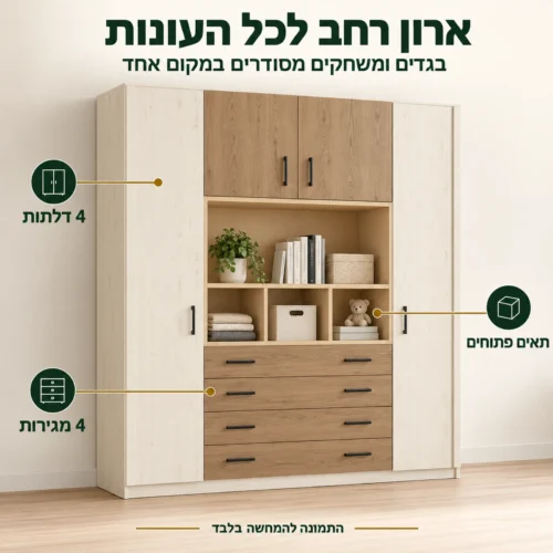 חדר ילדים דגם דרים – ארון רחב עם 4 דלתות, 4 מגירות ותאים פתוחים