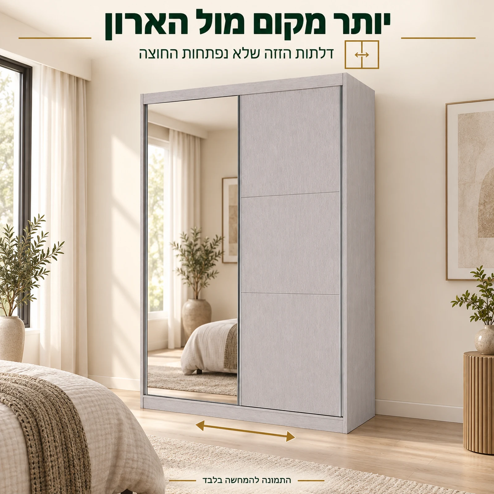 ארון הזזה פרינסס אפור בהיר עם דלת מראה – דלתות הזזה ללא פתיחה החוצה