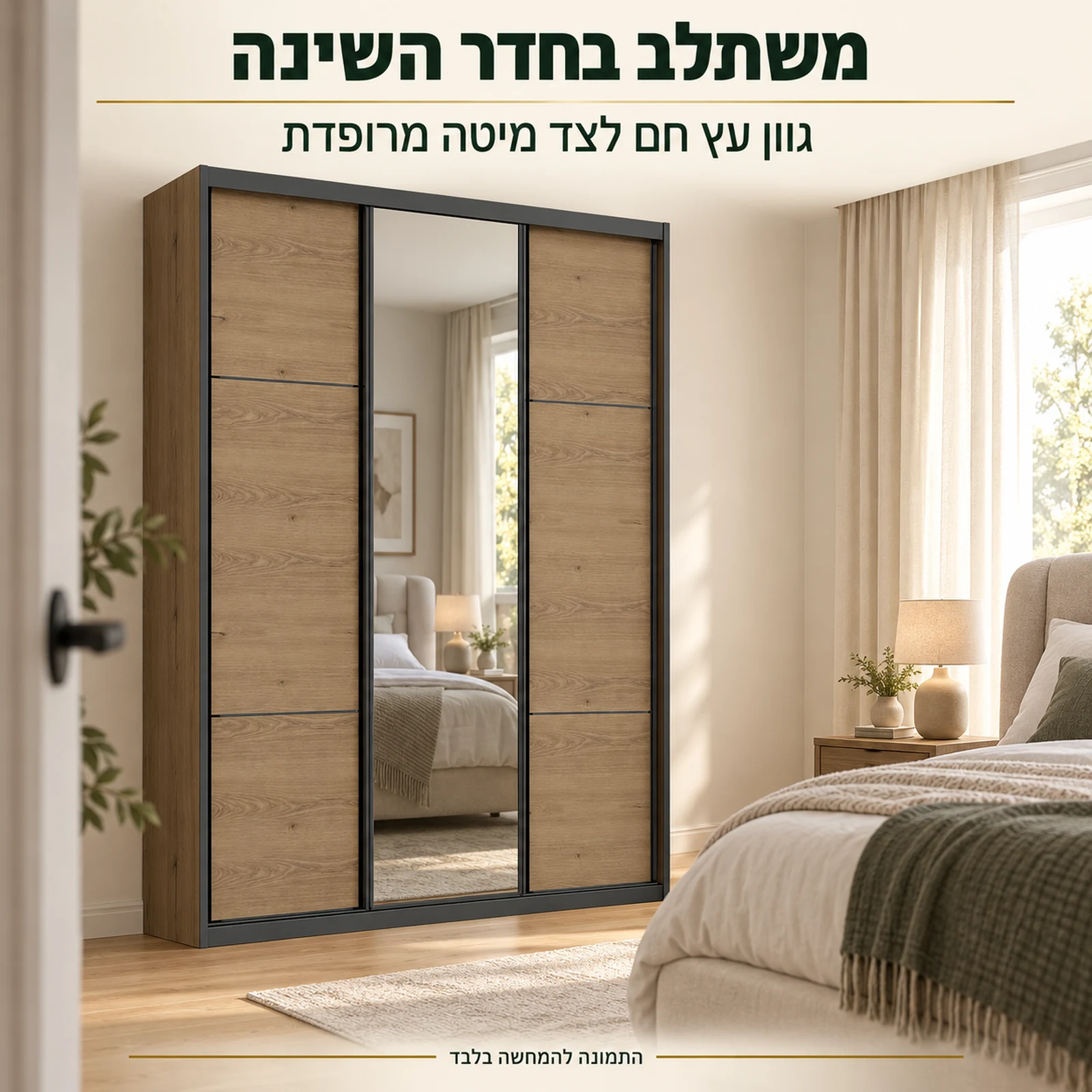 ארון הזזה דגם וודבלק – שילוב בחדר שינה לצד מיטה מרופדת