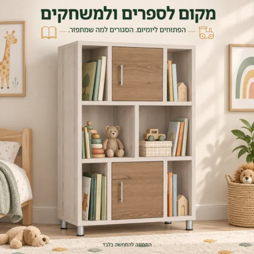 כוורת דגם דומינו בחדר ילדים – ספרים ומשחקים בתאים הפתוחים