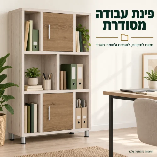 כוורת דגם דומינו בפינת עבודה – תיקיות, ספרים וחומרי משרד