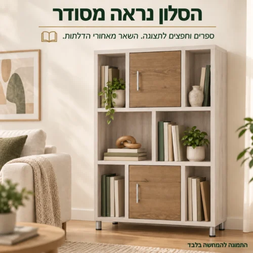 כוורת דגם דומינו בסלון – תצוגה פתוחה ואחסון מאחורי דלתות