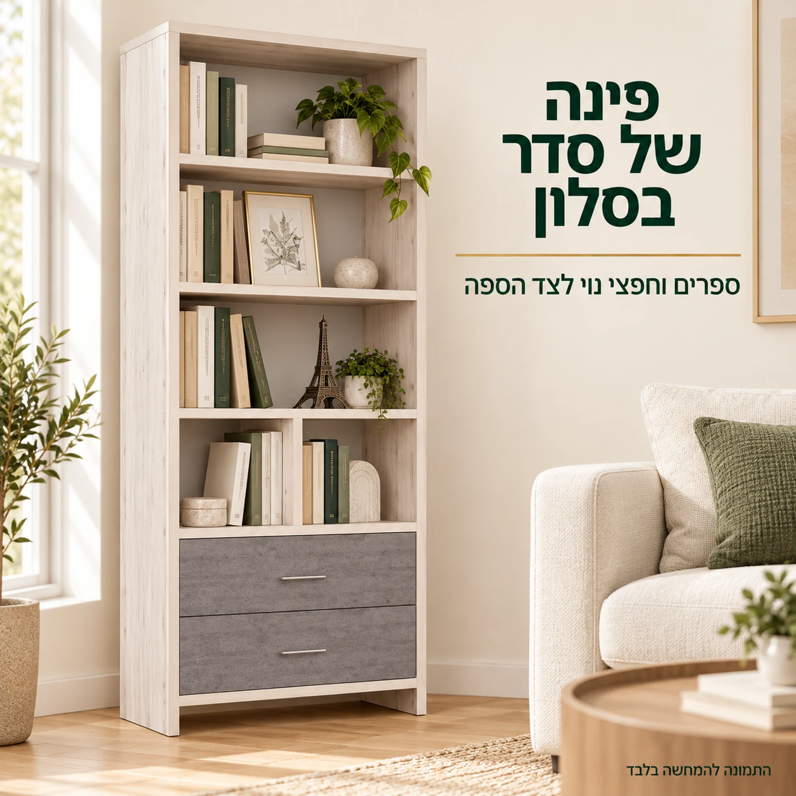 כוורת דגם פריז – ספרים וחפצי נוי לצד הספה בסלון