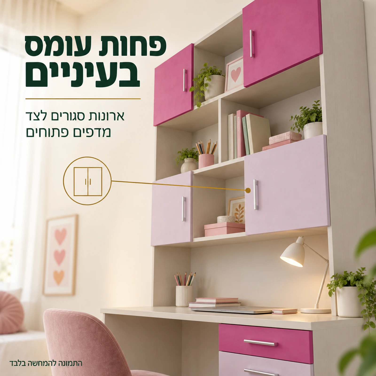 עמדת עבודה קוראל – ארונות סגורים לצד מדפים פתוחים