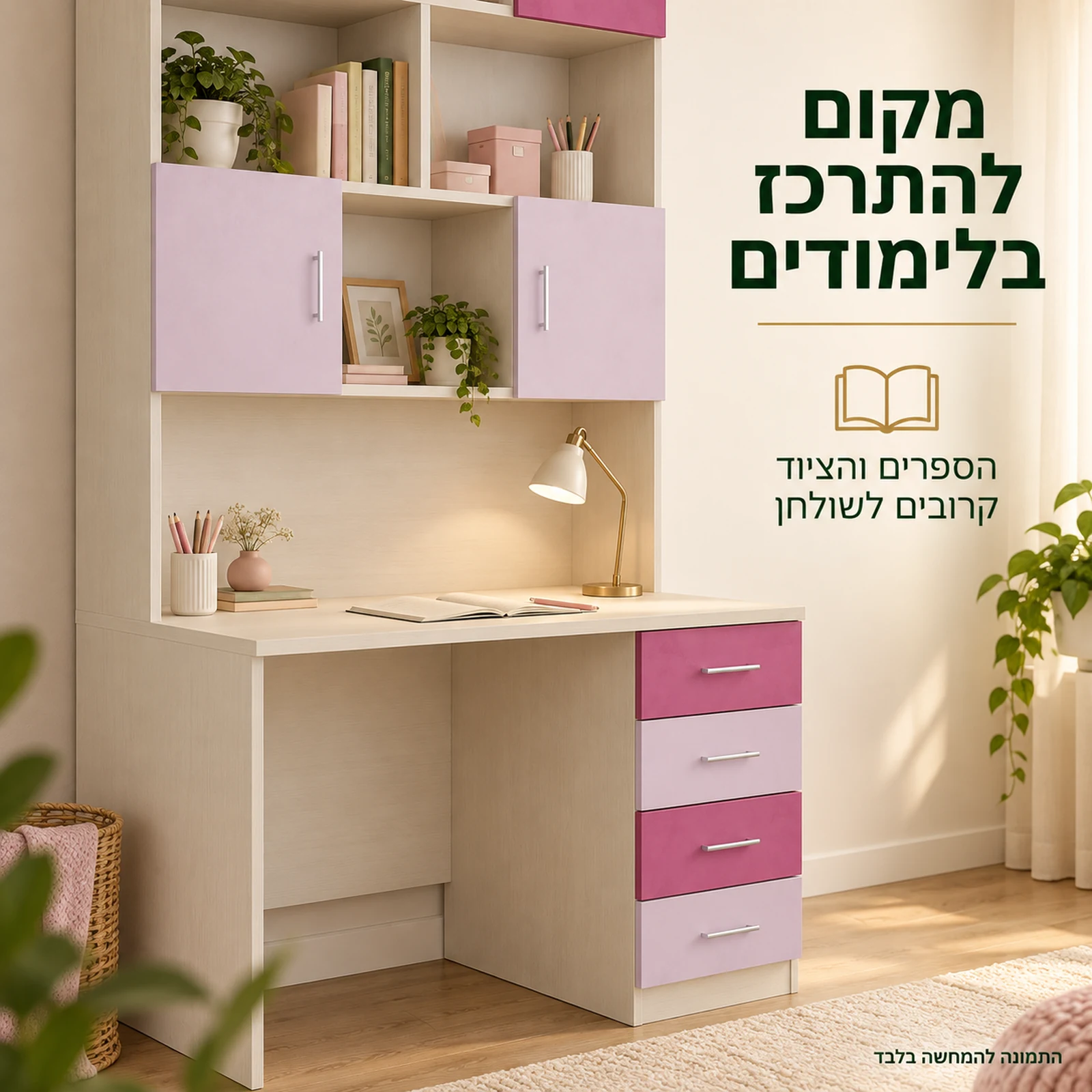 עמדת עבודה קוראל – פינת לימודים עם ספרים וציוד בהישג יד