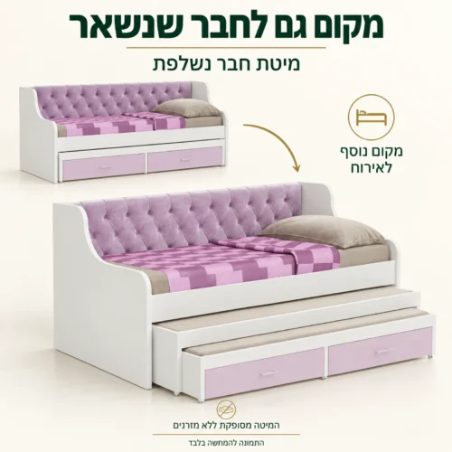 מיטת נוער בליסימו עם מיטת חבר נשלפת במצב סגור ובמצב פתוח חלקית