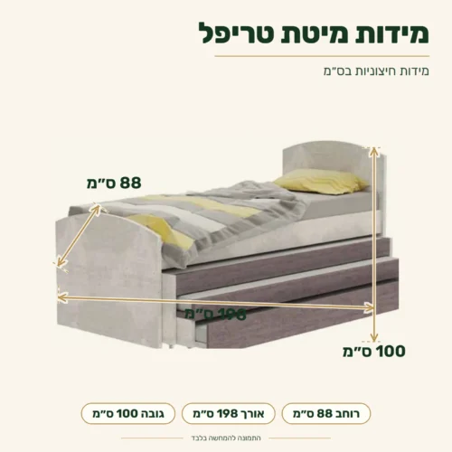 מיטת נוער טריפל – מידות חיצוניות: רוחב 88 ס״מ, אורך 198 ס״מ, גובה 100 ס״מ